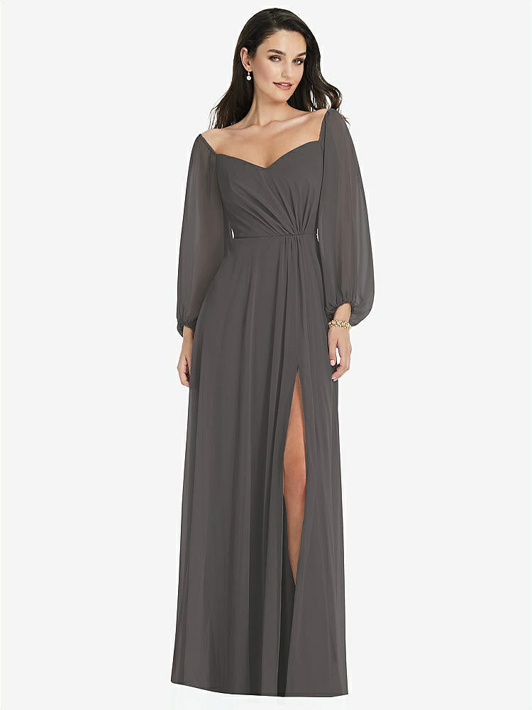 【NEW】【STYLE: 3104】オフショルダー パフ スリーブ マキシ ドレス 前面 スリット【COLOR: Caviar Gray】【SIZE: 00-30W】