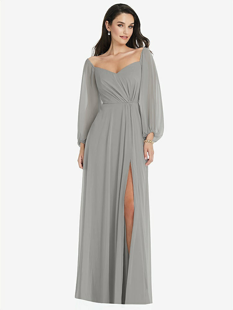 【NEW】【STYLE: 3104】オフショルダー パフ スリーブ マキシ ドレス 前面 スリット【COLOR: Chelsea Gray】【SIZE: 00-30W】