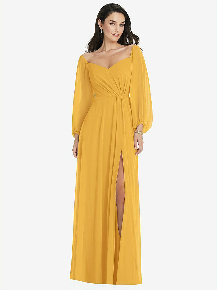 【STYLE: 3104】Off-the-Shoulder Puff Sleeve Maxi Dress with Front Slit【COLOR: NYC Yellow】