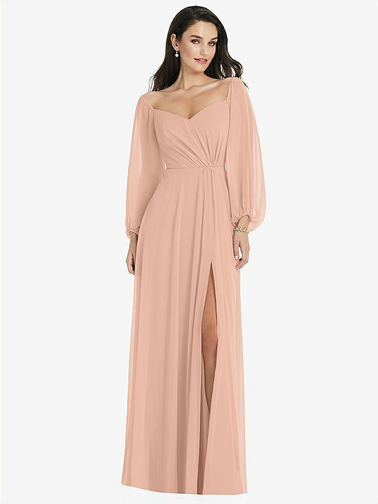 【STYLE: 3104】Off-the-Shoulder Puff Sleeve Maxi Dress with Front Slit【COLOR: Pale Peach】