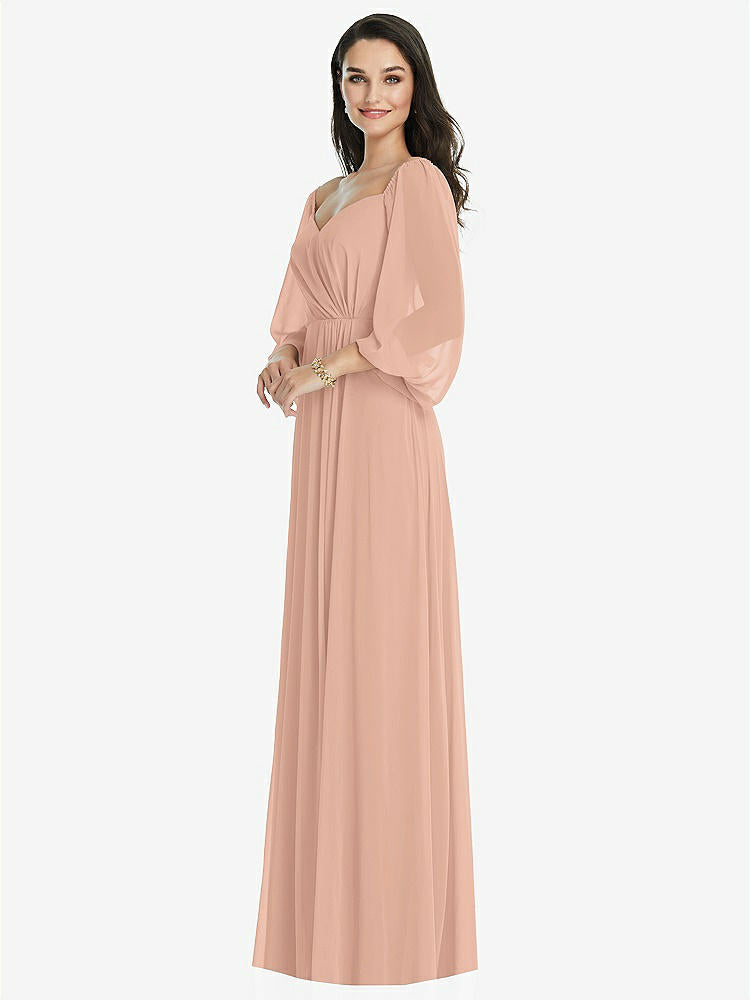 【STYLE: 3104】Off-the-Shoulder Puff Sleeve Maxi Dress with Front Slit【COLOR: Pale Peach】