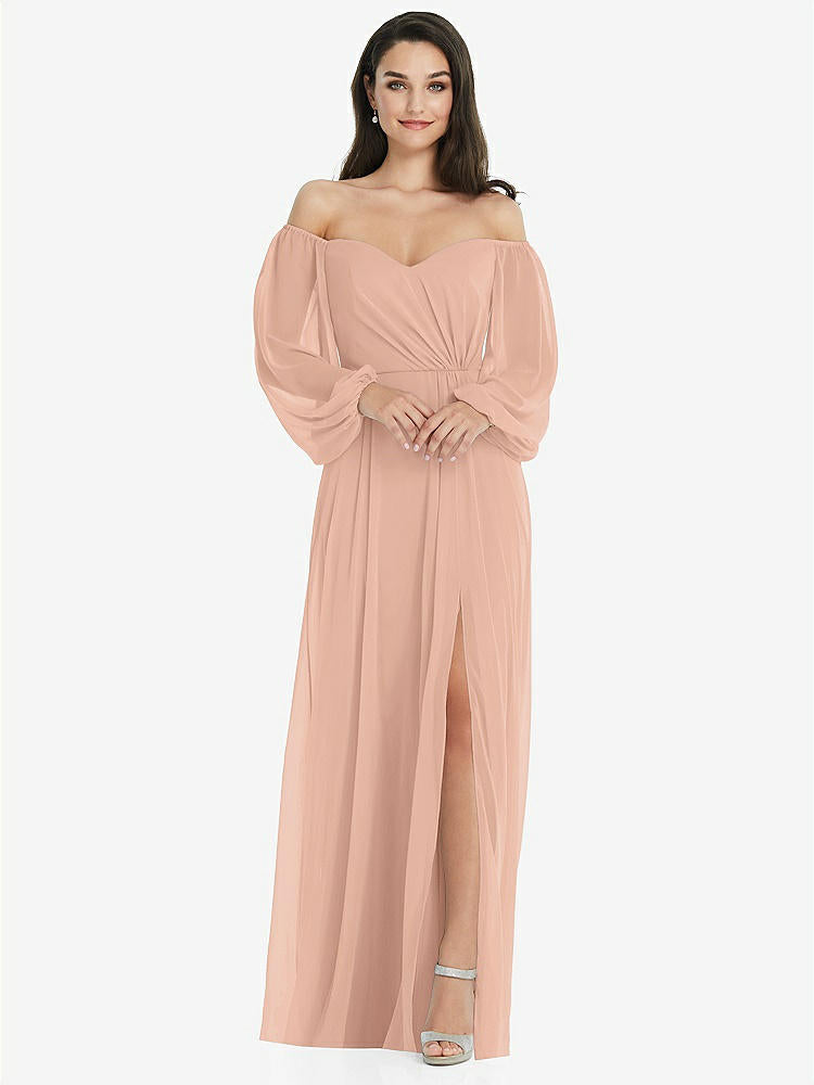 【STYLE: 3104】Off-the-Shoulder Puff Sleeve Maxi Dress with Front Slit【COLOR: Pale Peach】