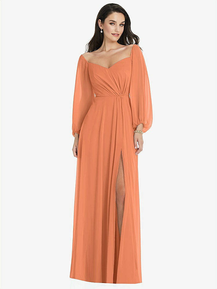 【STYLE: 3104】Off-the-Shoulder Puff Sleeve Maxi Dress with Front Slit【COLOR: Sweet Melon】
