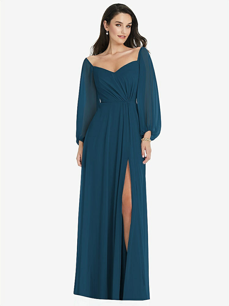 【STYLE: 3104】Off-the-Shoulder Puff Sleeve Maxi Dress with Front Slit【COLOR: Atlantic Blue】