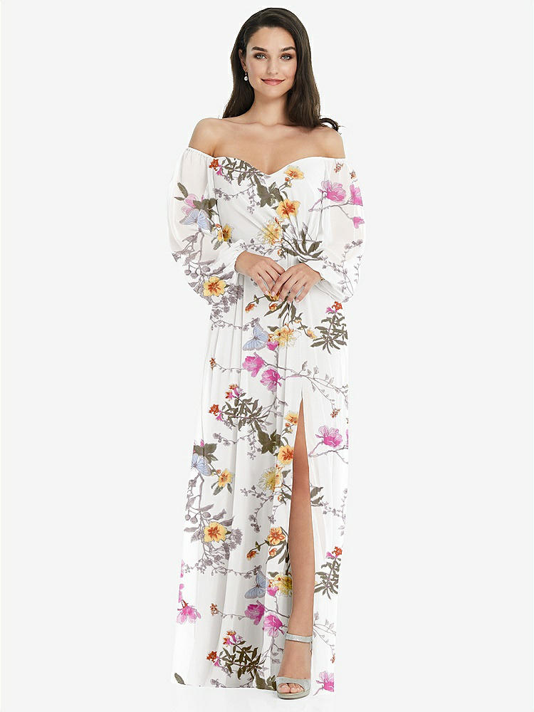 【STYLE: 3104】Off-the-Shoulder Puff Sleeve Maxi Dress with Front Slit【COLOR: Butterfly Botanica Ivory】