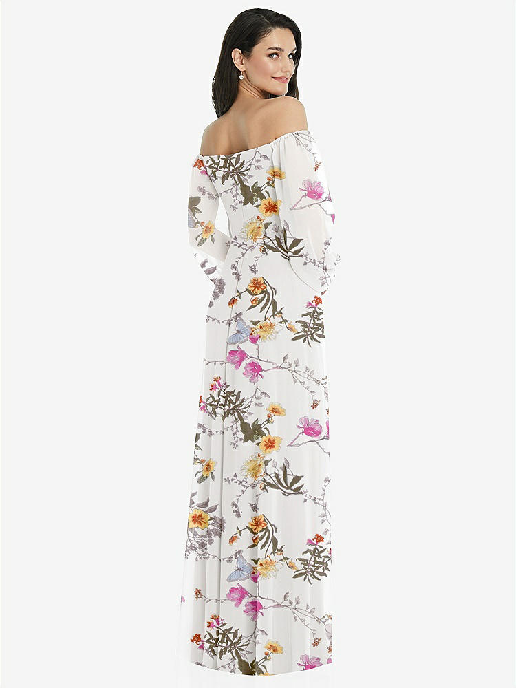 【STYLE: 3104】Off-the-Shoulder Puff Sleeve Maxi Dress with Front Slit【COLOR: Butterfly Botanica Ivory】