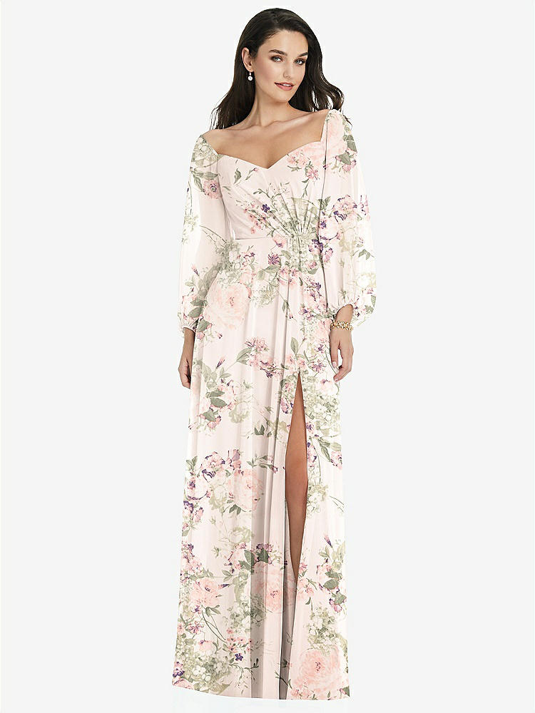 【STYLE: 3104】Off-the-Shoulder Puff Sleeve Maxi Dress with Front Slit【COLOR: Blush Garden】