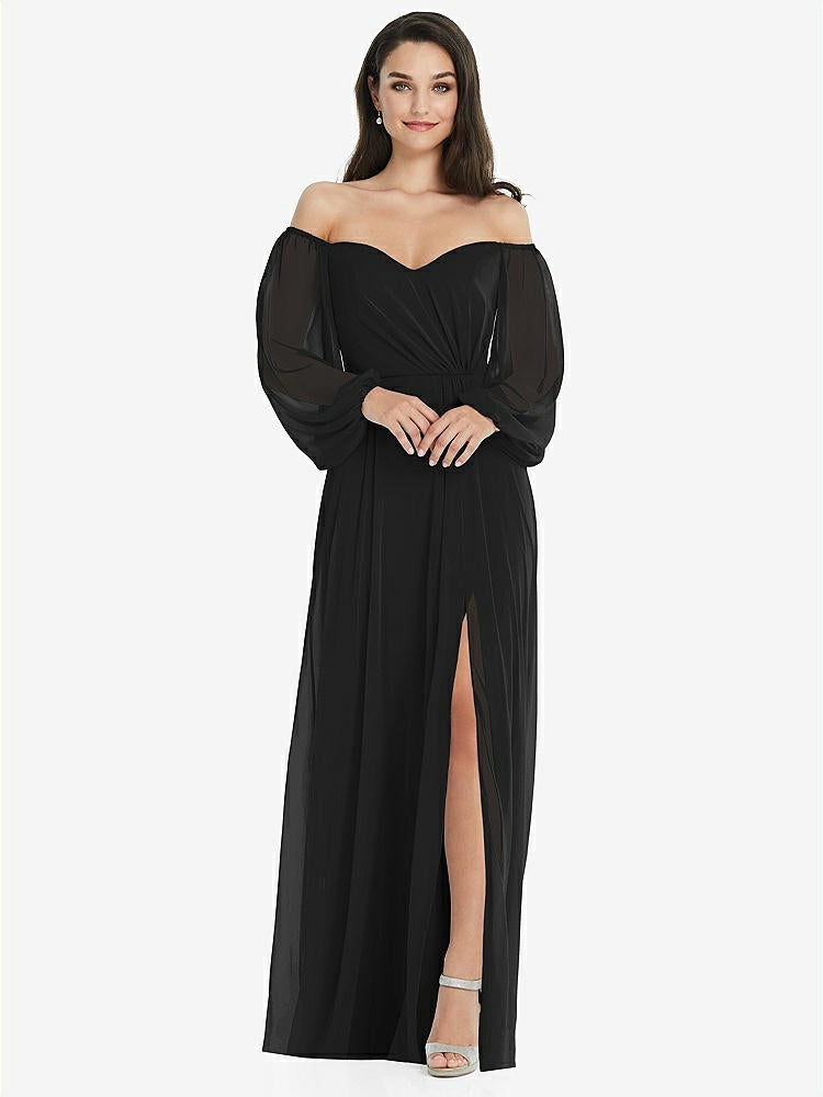 【STYLE: 3104】Off-the-Shoulder Puff Sleeve Maxi Dress with Front Slit【COLOR: Black】