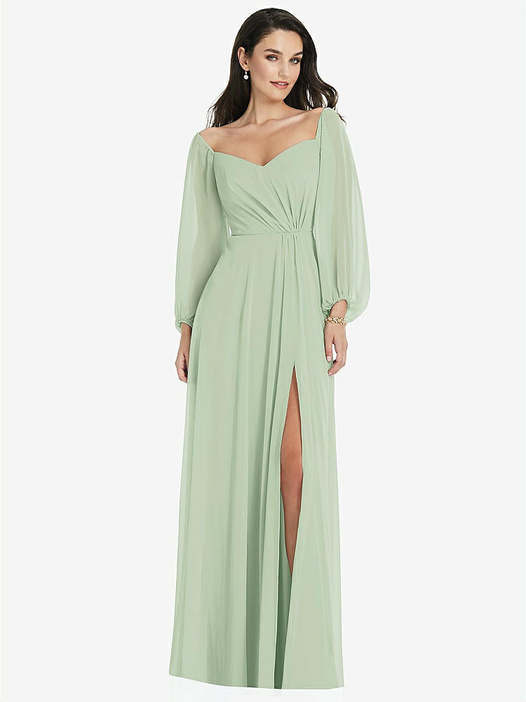 【STYLE: 3104】Off-the-Shoulder Puff Sleeve Maxi Dress with Front Slit【COLOR: Celadon】