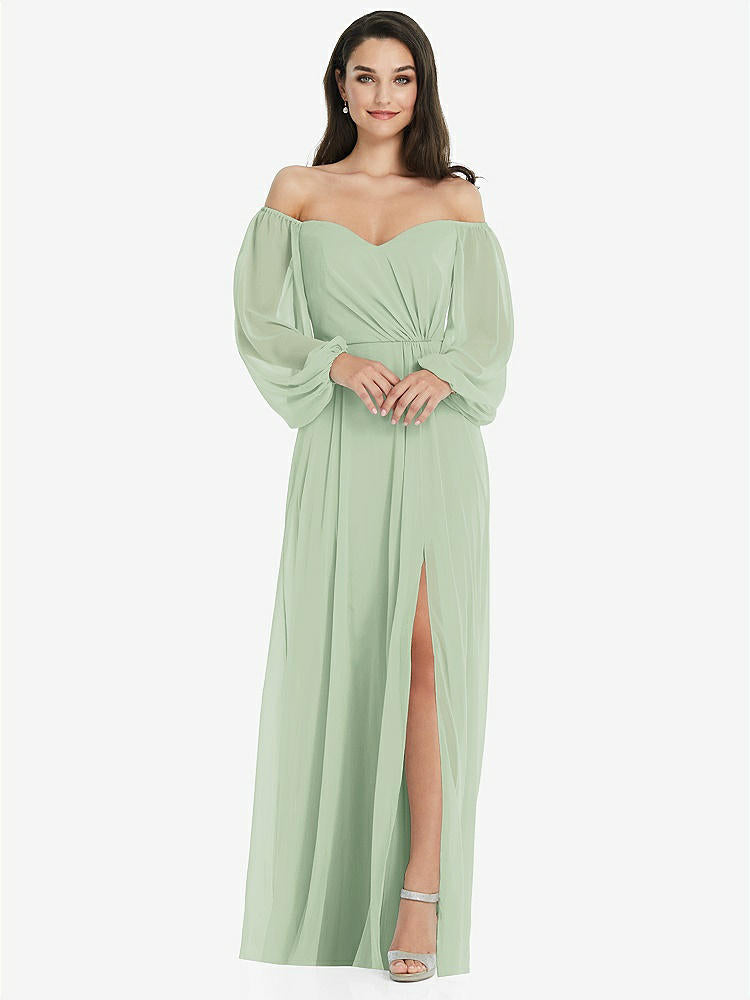 【STYLE: 3104】Off-the-Shoulder Puff Sleeve Maxi Dress with Front Slit【COLOR: Celadon】
