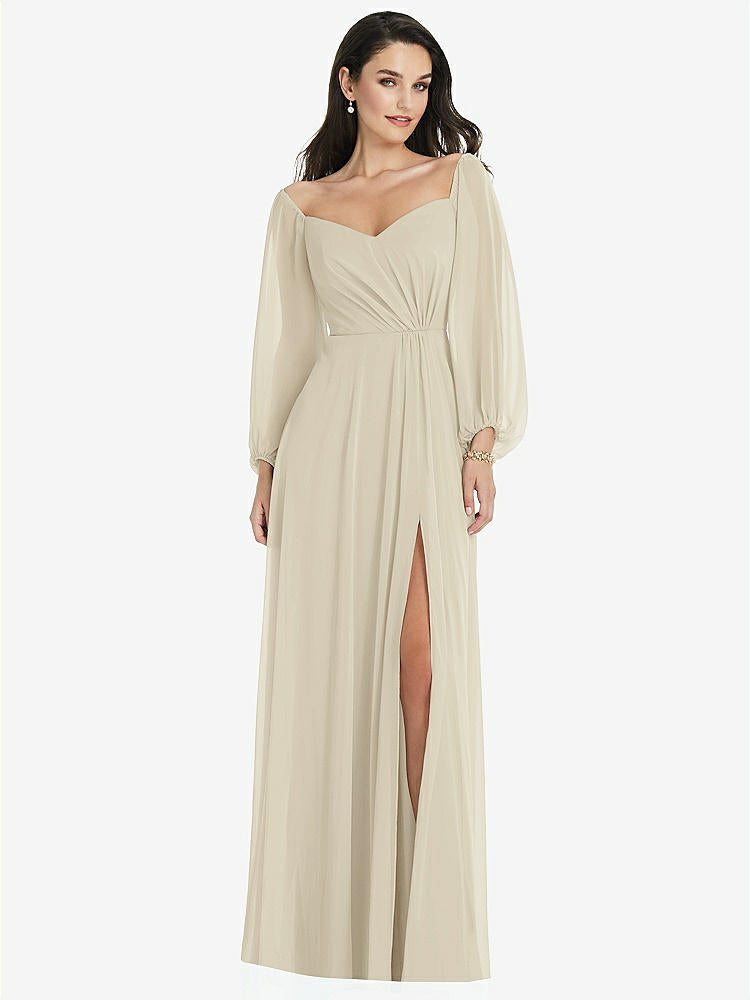【STYLE: 3104】Off-the-Shoulder Puff Sleeve Maxi Dress with Front Slit【COLOR: Champagne】