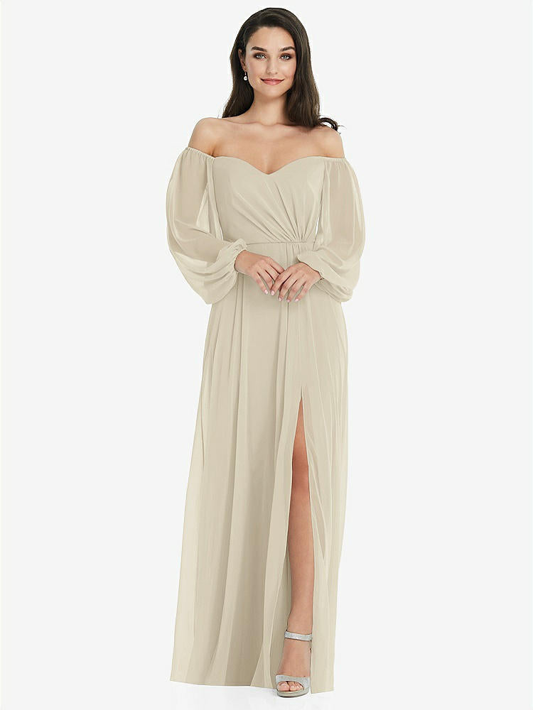 【STYLE: 3104】Off-the-Shoulder Puff Sleeve Maxi Dress with Front Slit【COLOR: Champagne】