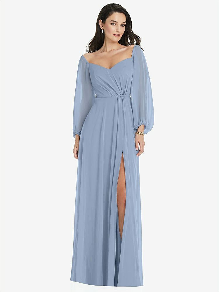 【STYLE: 3104】Off-the-Shoulder Puff Sleeve Maxi Dress with Front Slit【COLOR: Cloudy】