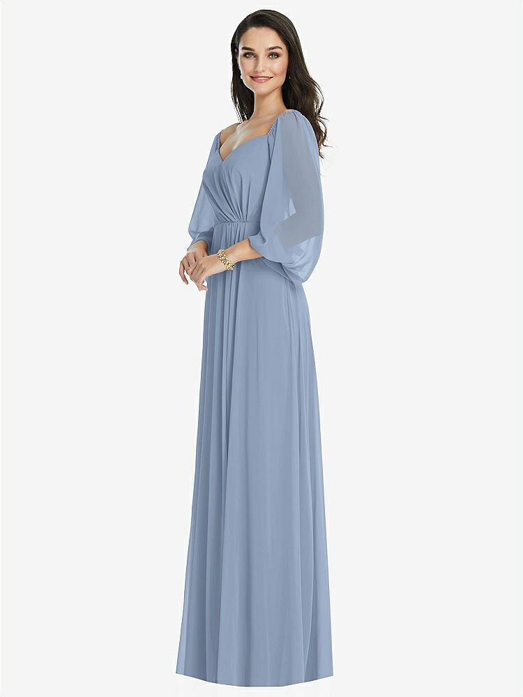 【STYLE: 3104】Off-the-Shoulder Puff Sleeve Maxi Dress with Front Slit【COLOR: Cloudy】