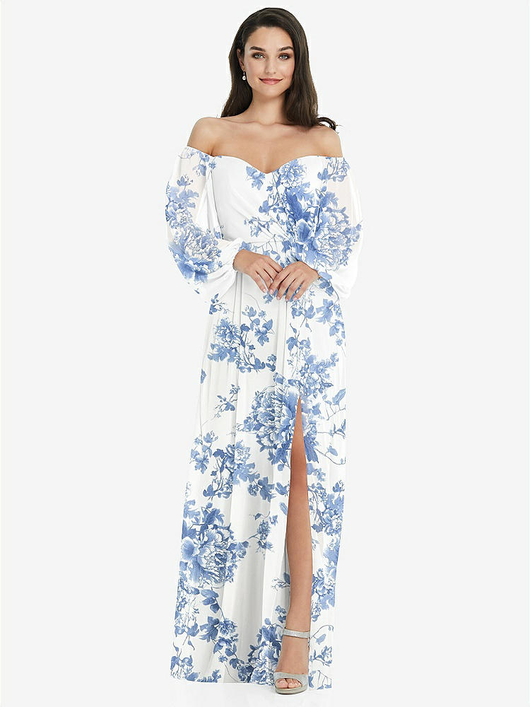 【NEW】【STYLE: 3104】オフショルダー パフ スリーブ マキシ ドレス 前面 スリット【COLOR: Cottage Rose Dusk Blue】【SIZE: 00-30W】