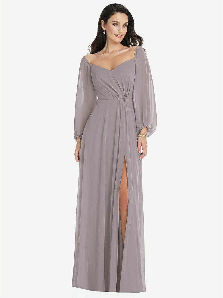 【NEW】【STYLE: 3104】オフショルダー パフ スリーブ マキシ ドレス 前面 スリット【COLOR: Cashmere Gray】【SIZE: 00-30W】