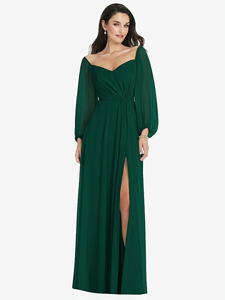 【STYLE: 3104】Off-the-Shoulder Puff Sleeve Maxi Dress with Front Slit【COLOR: Hunter Green】
