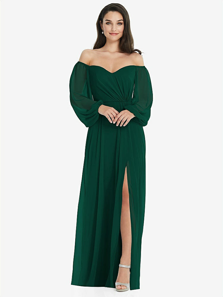 【STYLE: 3104】Off-the-Shoulder Puff Sleeve Maxi Dress with Front Slit【COLOR: Hunter Green】