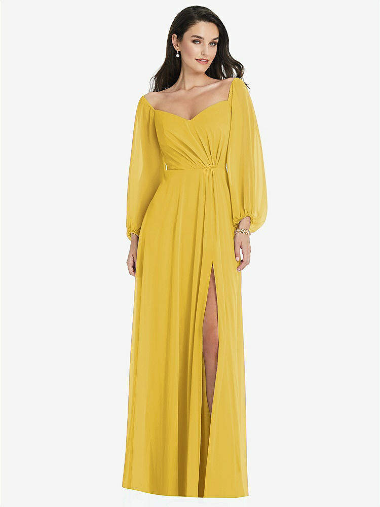 【STYLE: 3104】Off-the-Shoulder Puff Sleeve Maxi Dress with Front Slit【COLOR: Marigold】