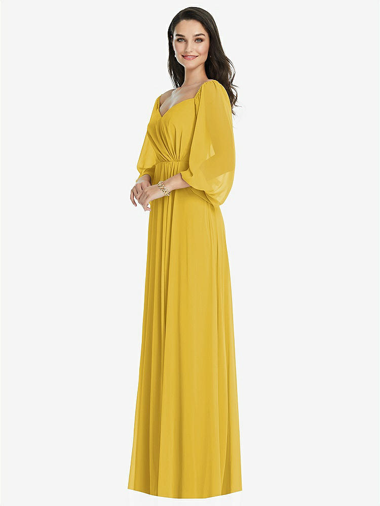 【STYLE: 3104】Off-the-Shoulder Puff Sleeve Maxi Dress with Front Slit【COLOR: Marigold】