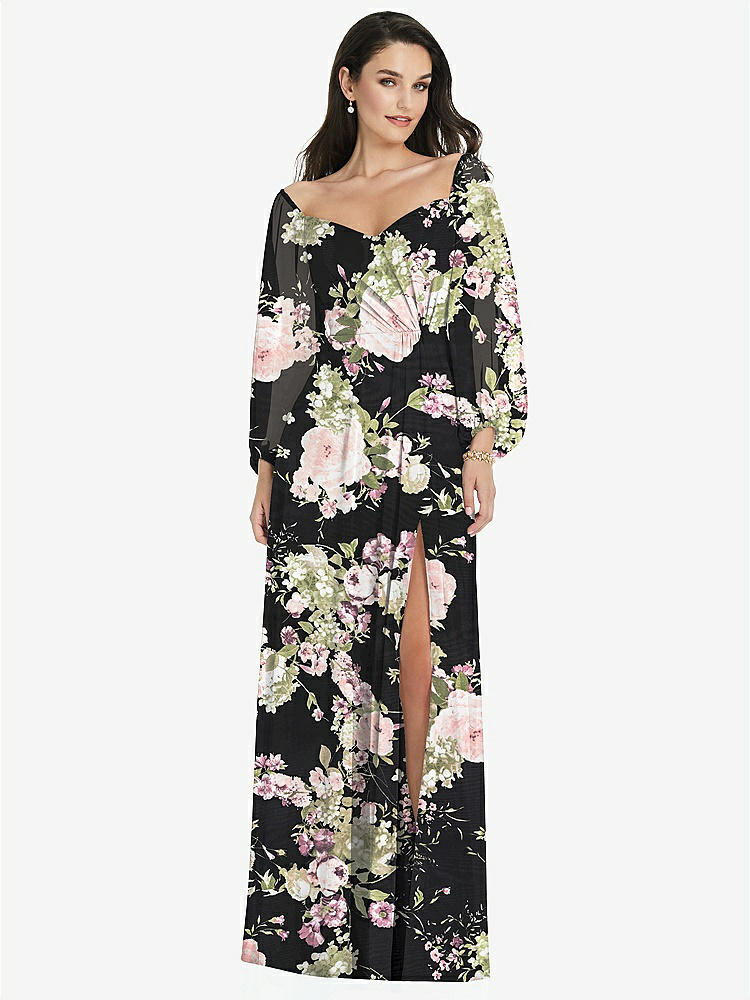 【STYLE: 3104】Off-the-Shoulder Puff Sleeve Maxi Dress with Front Slit【COLOR: Noir Garden】