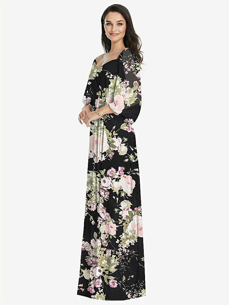 【STYLE: 3104】Off-the-Shoulder Puff Sleeve Maxi Dress with Front Slit【COLOR: Noir Garden】