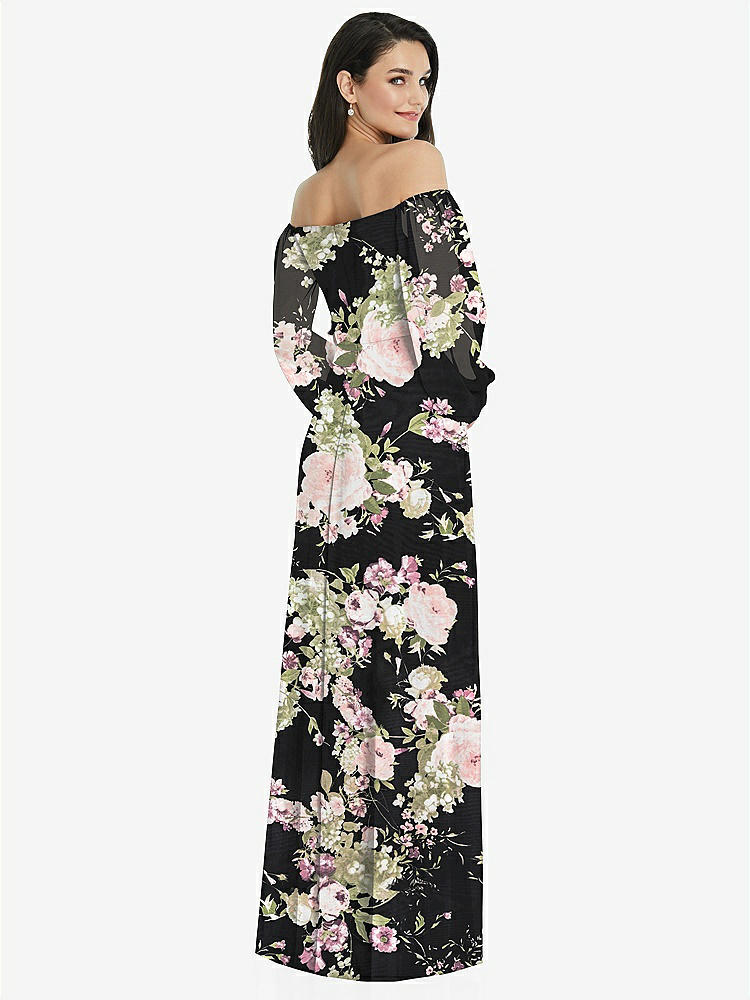 【STYLE: 3104】Off-the-Shoulder Puff Sleeve Maxi Dress with Front Slit【COLOR: Noir Garden】