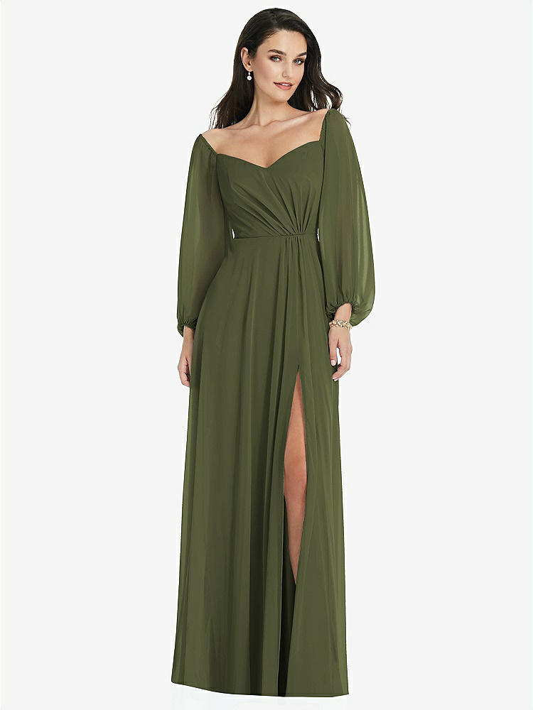 【STYLE: 3104】Off-the-Shoulder Puff Sleeve Maxi Dress with Front Slit【COLOR: Olive Green】