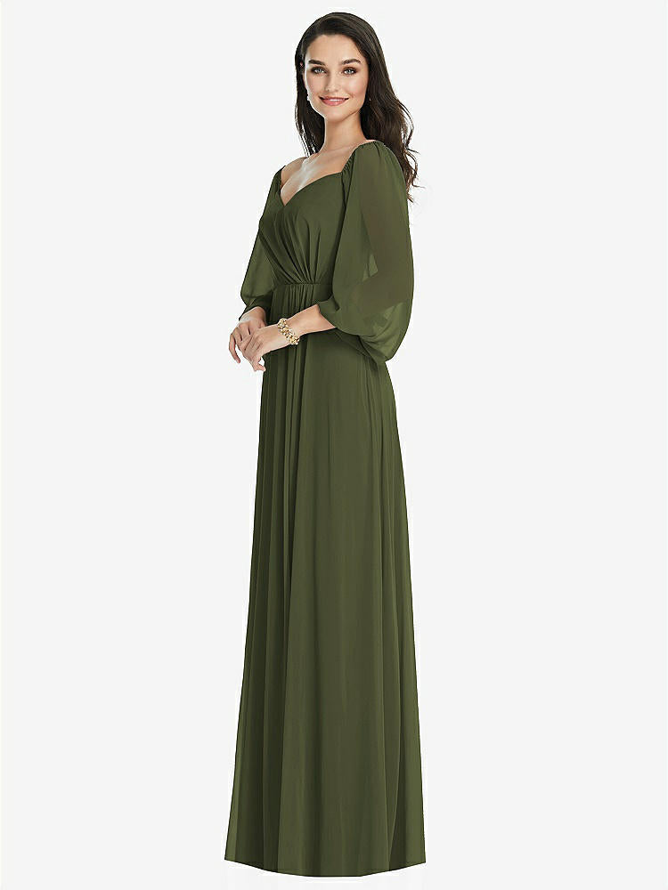 【STYLE: 3104】Off-the-Shoulder Puff Sleeve Maxi Dress with Front Slit【COLOR: Olive Green】