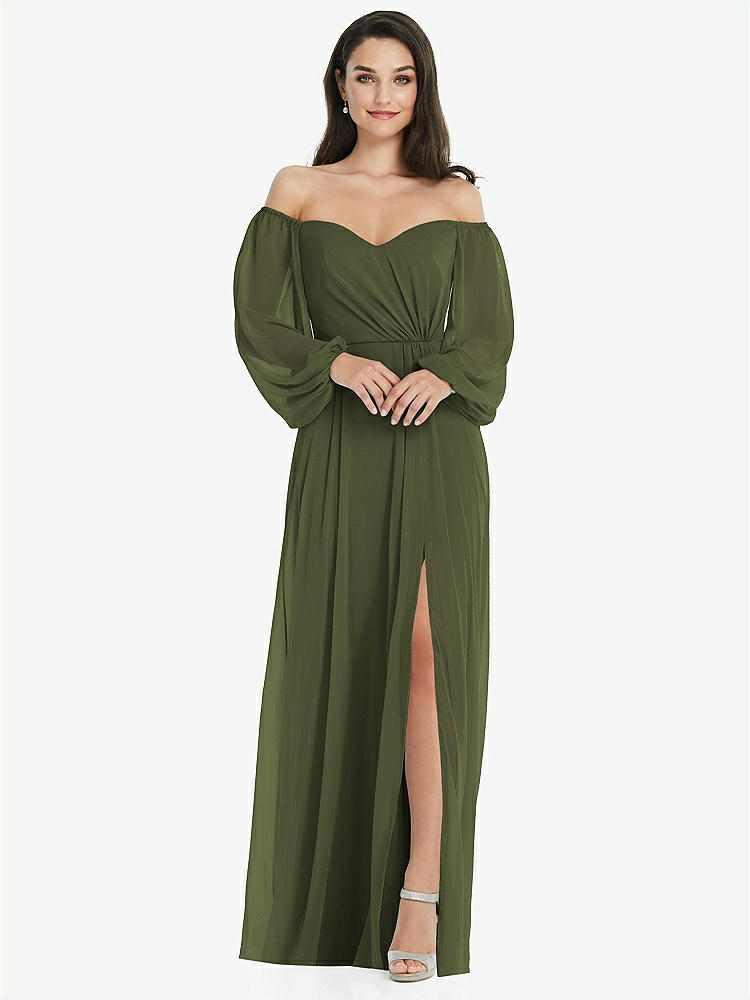 【STYLE: 3104】Off-the-Shoulder Puff Sleeve Maxi Dress with Front Slit【COLOR: Olive Green】