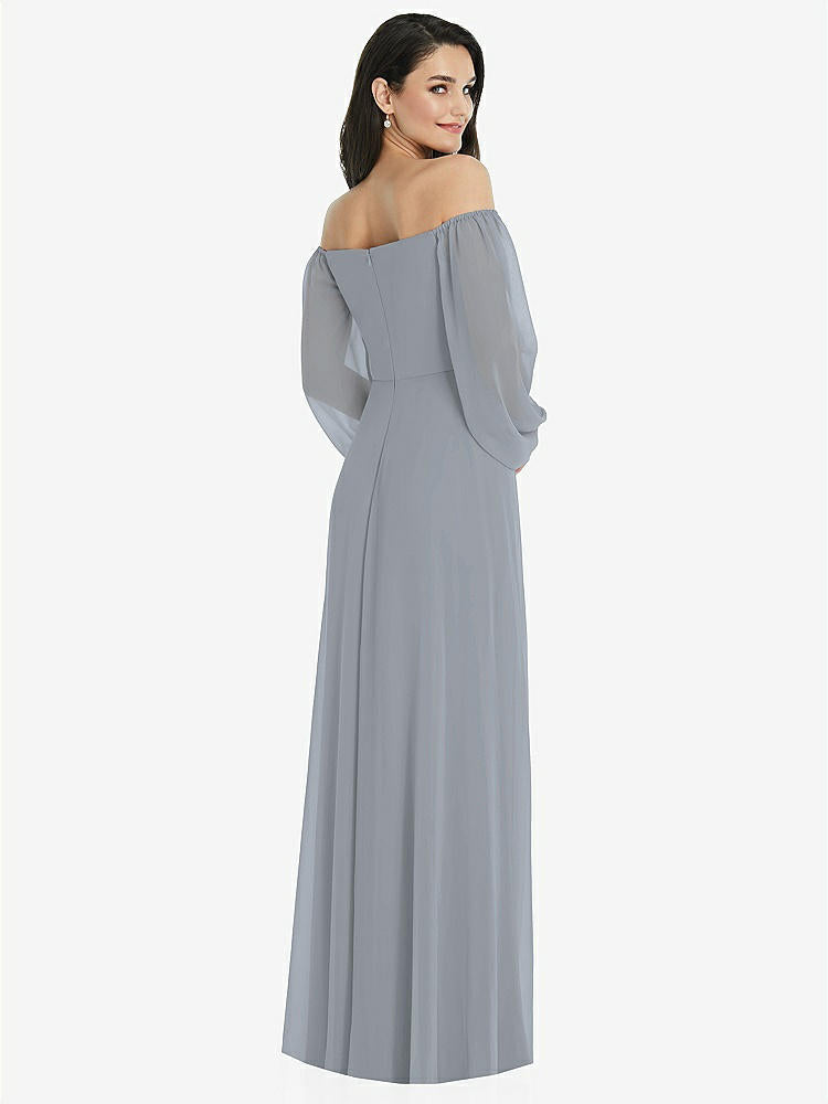 【NEW】【STYLE: 3104】オフショルダー パフ スリーブ マキシ ドレス 前面 スリット【COLOR: Platinum】【SIZE: 00-30W】