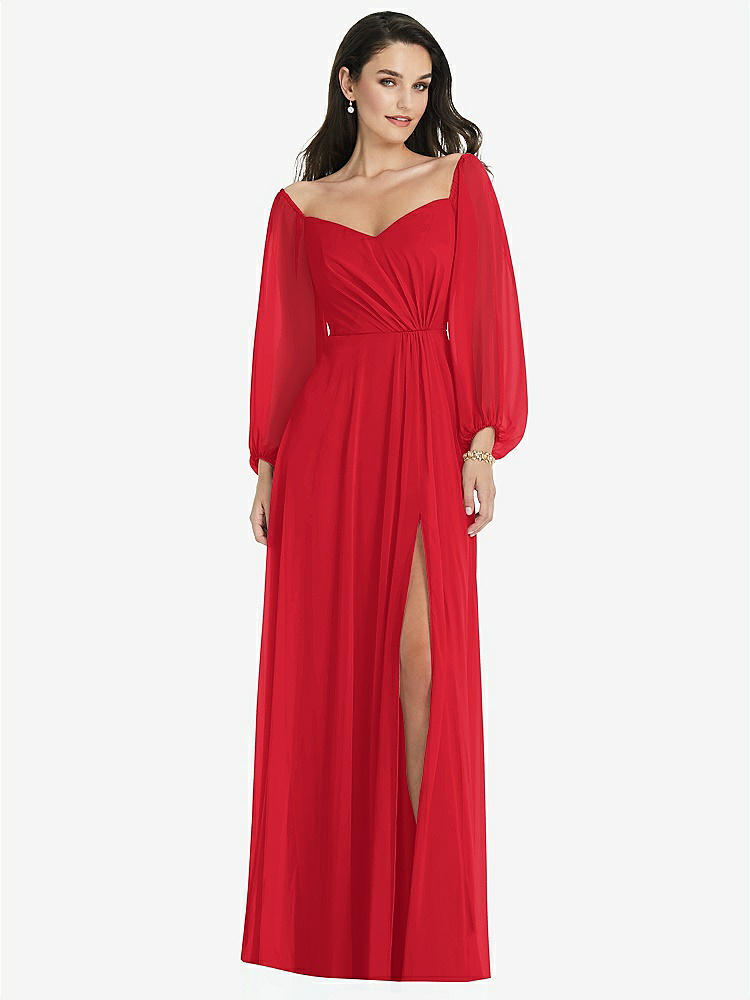 【STYLE: 3104】Off-the-Shoulder Puff Sleeve Maxi Dress with Front Slit【COLOR: Parisian Red】