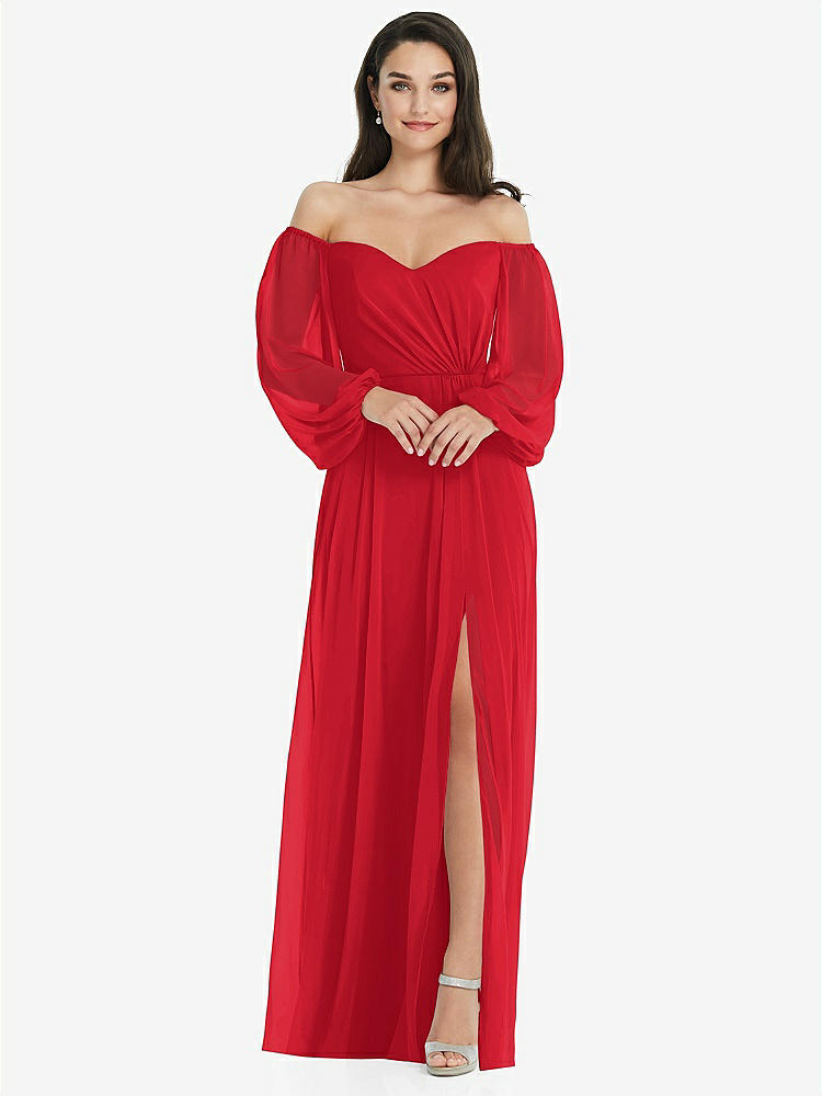 【STYLE: 3104】Off-the-Shoulder Puff Sleeve Maxi Dress with Front Slit【COLOR: Parisian Red】
