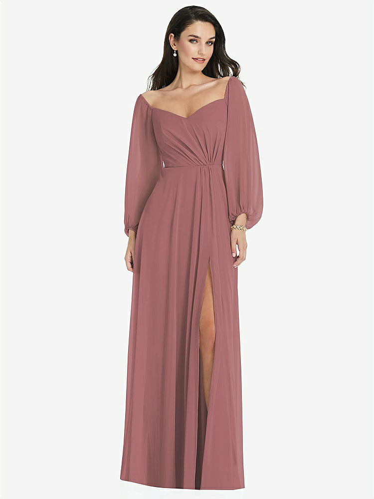 【STYLE: 3104】Off-the-Shoulder Puff Sleeve Maxi Dress with Front Slit【COLOR: Rosewood】