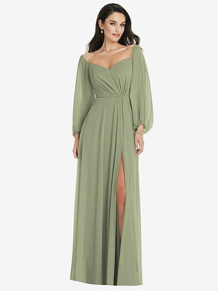 【STYLE: 3104】Off-the-Shoulder Puff Sleeve Maxi Dress with Front Slit【COLOR: Sage】