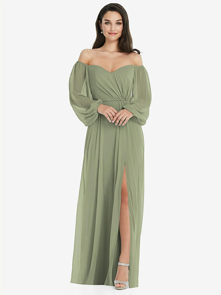 【STYLE: 3104】Off-the-Shoulder Puff Sleeve Maxi Dress with Front Slit【COLOR: Sage】