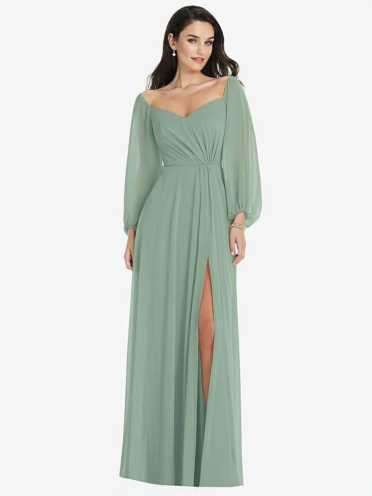 【STYLE: 3104】Off-the-Shoulder Puff Sleeve Maxi Dress with Front Slit【COLOR: Seagrass】