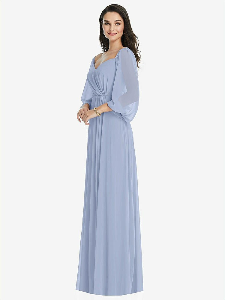 【NEW】【STYLE: 3104】オフショルダー パフ スリーブ マキシ ドレス 前面 スリット【COLOR: Sky Blue】【SIZE: 00-30W】