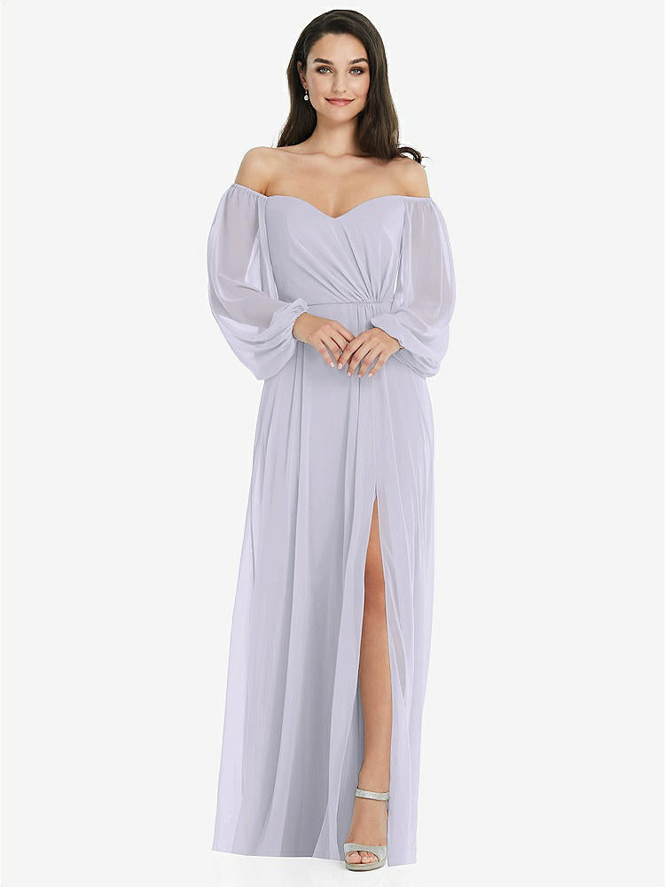 【NEW】【STYLE: 3104】オフショルダー パフ スリーブ マキシ ドレス 前面 スリット【COLOR: Silver Dove】【SIZE: 00-30W】