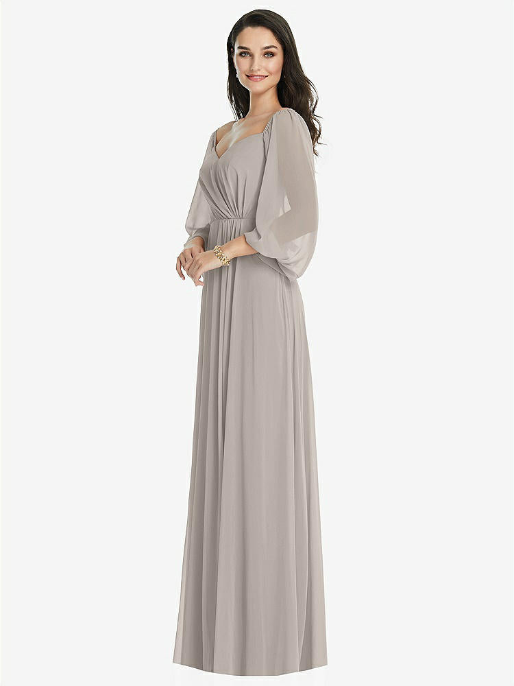【NEW】【STYLE: 3104】オフショルダー パフ スリーブ マキシ ドレス 前面 スリット【COLOR: Taupe】【SIZE: 00-30W】