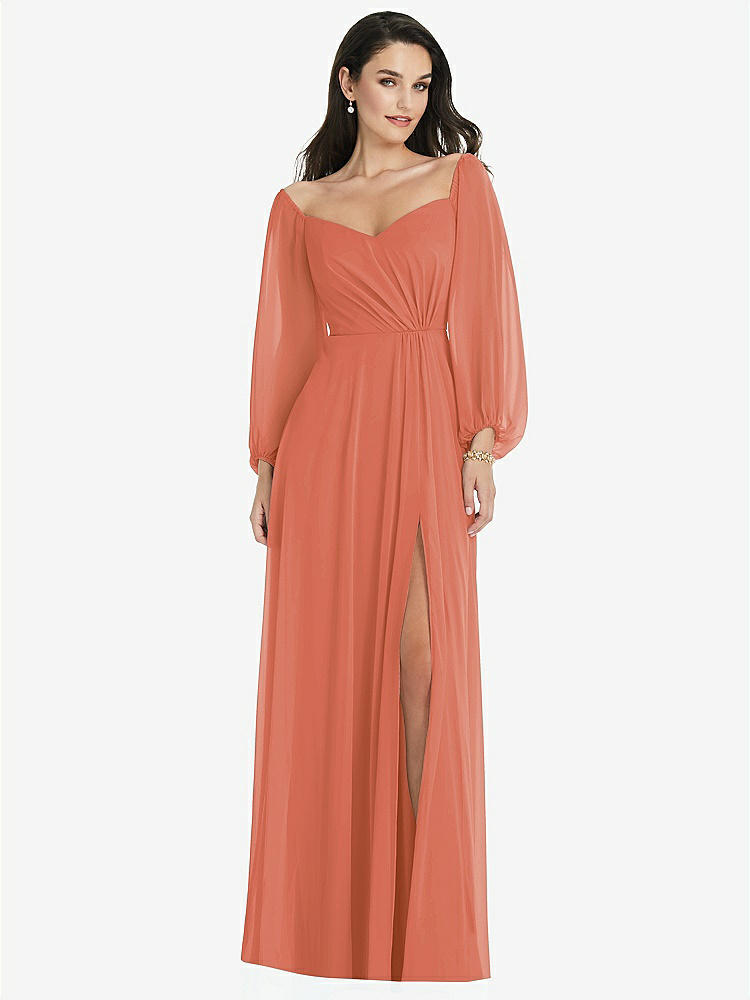【STYLE: 3104】Off-the-Shoulder Puff Sleeve Maxi Dress with Front Slit【COLOR: Terracotta Copper】
