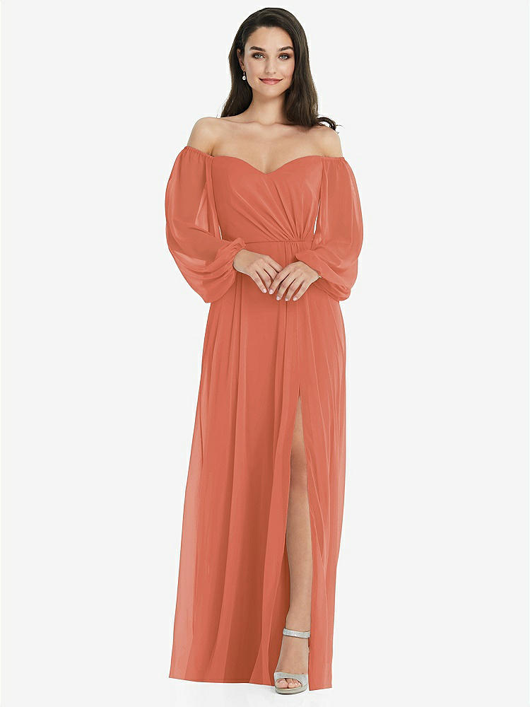 【STYLE: 3104】Off-the-Shoulder Puff Sleeve Maxi Dress with Front Slit【COLOR: Terracotta Copper】