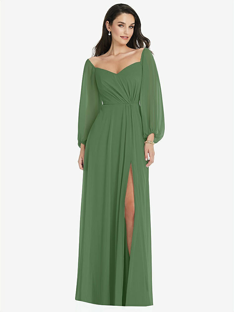 【STYLE: 3104】Off-the-Shoulder Puff Sleeve Maxi Dress with Front Slit【COLOR: Vineyard Green】