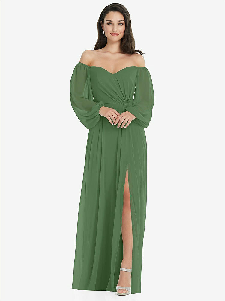 【STYLE: 3104】Off-the-Shoulder Puff Sleeve Maxi Dress with Front Slit【COLOR: Vineyard Green】