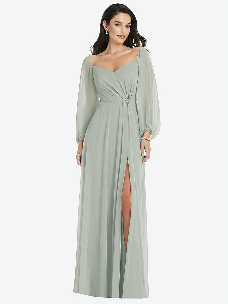 【STYLE: 3104】Off-the-Shoulder Puff Sleeve Maxi Dress with Front Slit【COLOR: Willow Green】