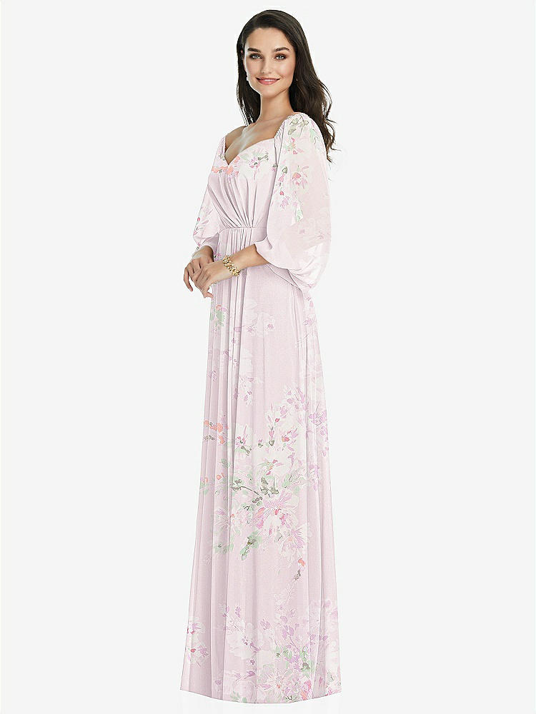 【STYLE: 3104】Off-the-Shoulder Puff Sleeve Maxi Dress with Front Slit【COLOR: Watercolor Print】