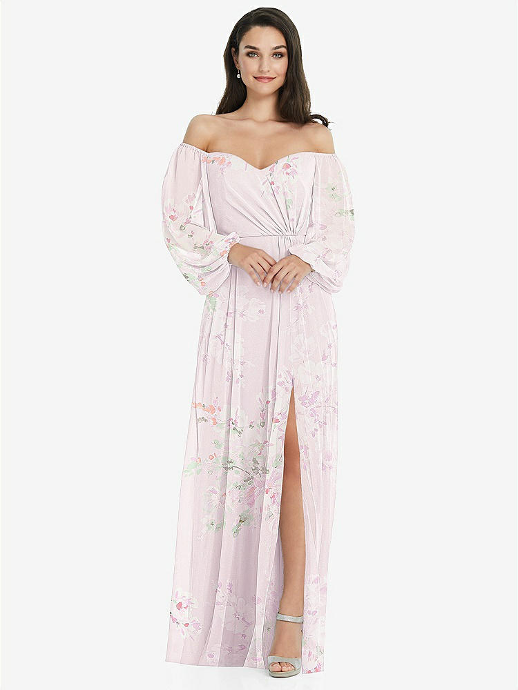【STYLE: 3104】Off-the-Shoulder Puff Sleeve Maxi Dress with Front Slit【COLOR: Watercolor Print】