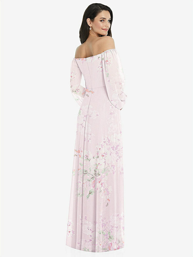 【STYLE: 3104】Off-the-Shoulder Puff Sleeve Maxi Dress with Front Slit【COLOR: Watercolor Print】