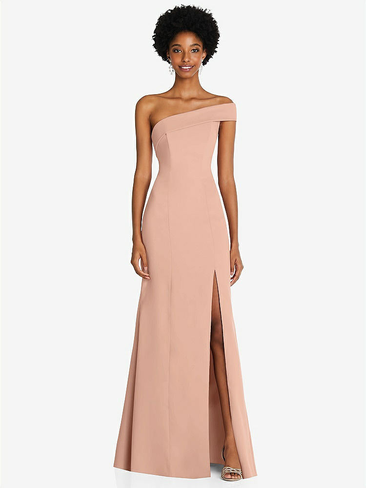 【STYLE: 6858】Asymmetrical Off-the-Shoulder Cuff Trumpet Gown With Front Slit【COLOR: Pale Peach】