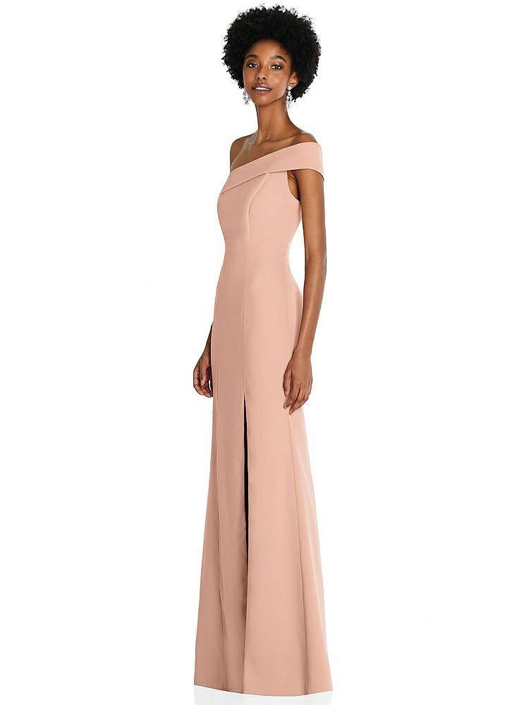 【STYLE: 6858】Asymmetrical Off-the-Shoulder Cuff Trumpet Gown With Front Slit【COLOR: Pale Peach】
